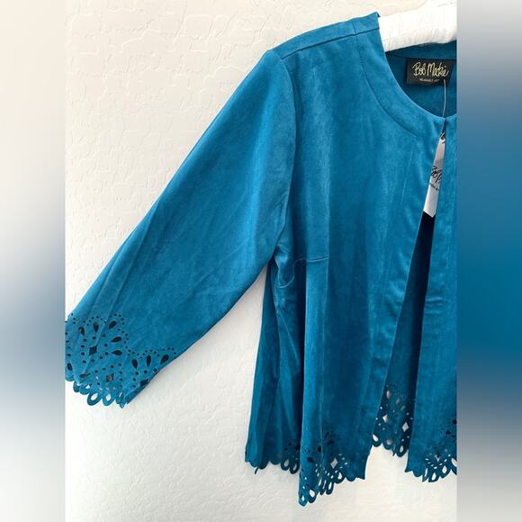 BOB MACKIE Teal Blue Open Front Jacket Laser Cut Hem & Sleeves NWT | Size Medium - Picture 4 of 9
